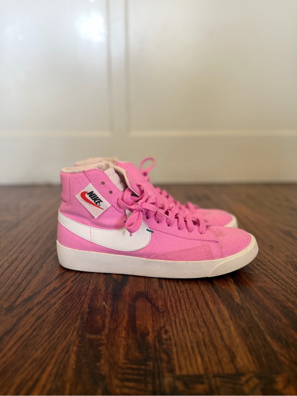 Nike Kids Pink High-Top Canvas Sneakers with White Swoosh